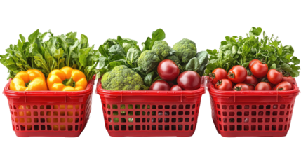Vibrant Freshness: Three red baskets overflow with a colorful assortment of fresh vegetables, bursting with vitality and ready for a culinary adventure. Capturing the essence of a healthy.
