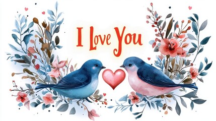 Romantic Delicate Artwork of Two Birds Surrounded by Flowers with the Text "I Love You" for Valentine's Day
