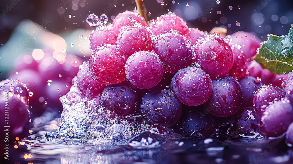 Poster bunch of grapes are falling into a body of water. the water is splashing and the grapes are floating