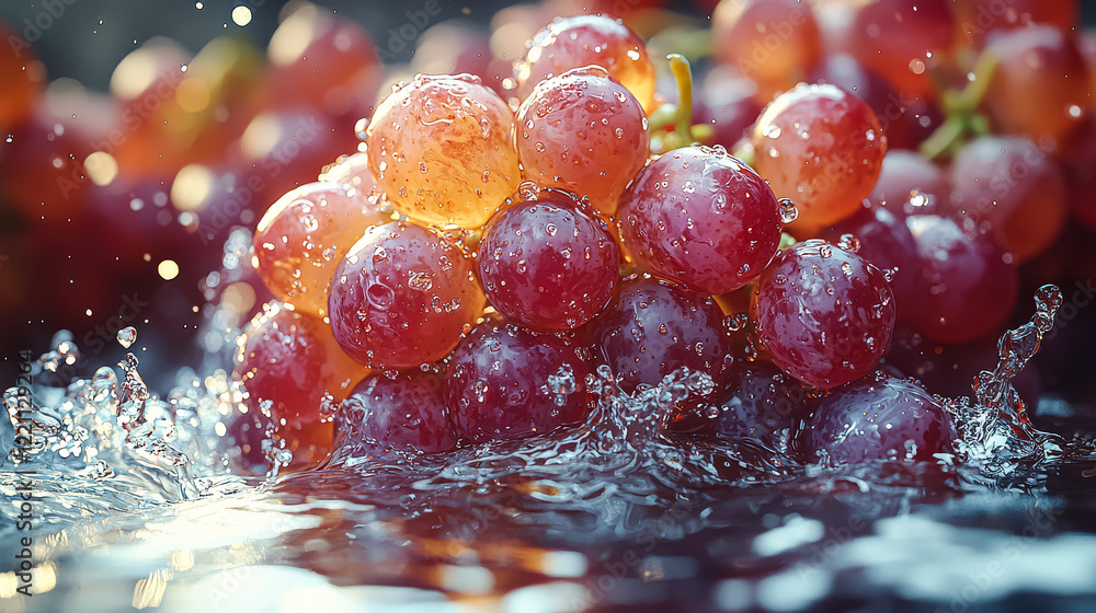 Poster bunch of grapes are falling into a body of water. the water is splashing and the grapes are floating