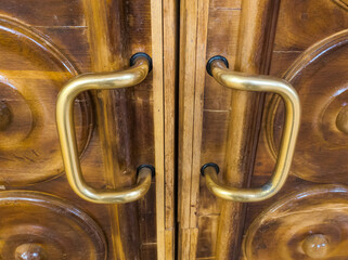 Antique wooden double door with brass pull handles