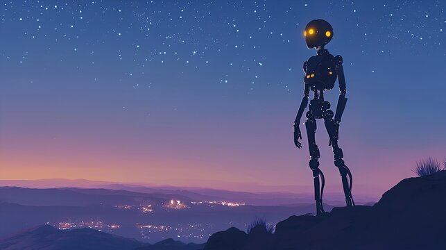 Robot gazing at night city lights