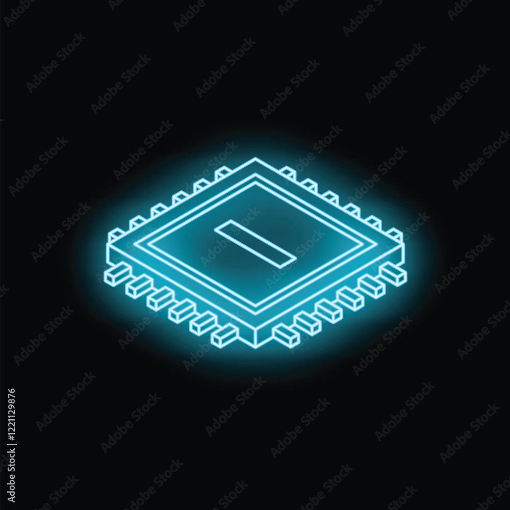 Poster neon blue microchip glowing on a dark background, symbolizing technological advancement and innovati
