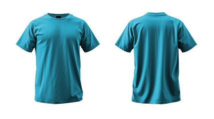 Blank sky blue T-shirt template, from two sides, natural shape on invisible mannequin, for your design mockup isolated on Transparent background, PNG