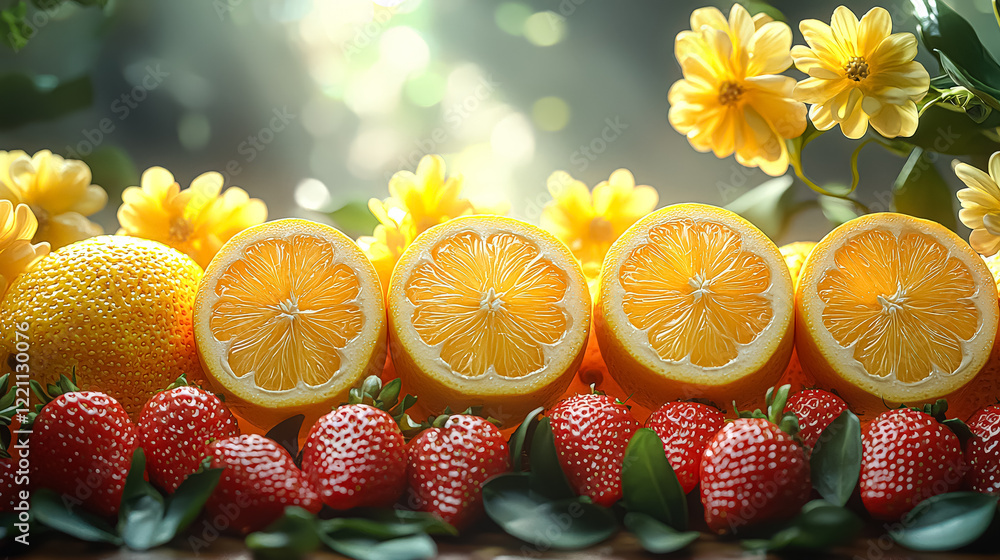 Poster close up of a table with a variety of fruits including oranges, strawberries, and lemons. the fruits