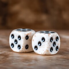 Two dice with black spots on white background for gambling gaming and casual play in close-up view 120 chars