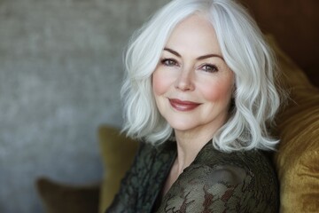 Naklejka premium A beautifully styled woman with flowing silver hair is captured smiling warmly, highlighting her radiant skin tone and graceful demeanor, creating an inviting atmosphere.
