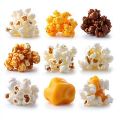 Variety of popcorns in different flavors colors and textures for snacks and movie nights or parties 120 chars exactly