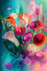 Obraz premium A dreamy composition of assorted flowers with soft colors surrounded by a gentle blur, evoking tranquility and beauty, suitable for serene and aesthetic contexts.
