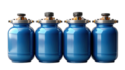 Precision Vessels: A close-up studio shot showcases four identical, cylindrical blue vessels, each topped with intricate metallic fixtures.