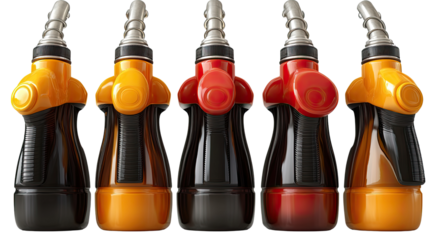 Colorful Bottles of oil with Pour Spout: A close-up shot showcases five colorful bottles, each equipped with a precise pour spout.