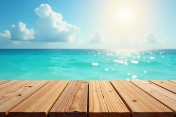 Fototapeta premium Warm brown wood grain on blurred sparkling azure sea and sunny sky background, water, texture, azure