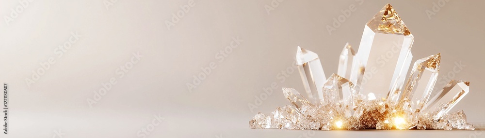 Poster an exquisite display of transparent crystal shapes is combined with glossy gold accents, creating a 