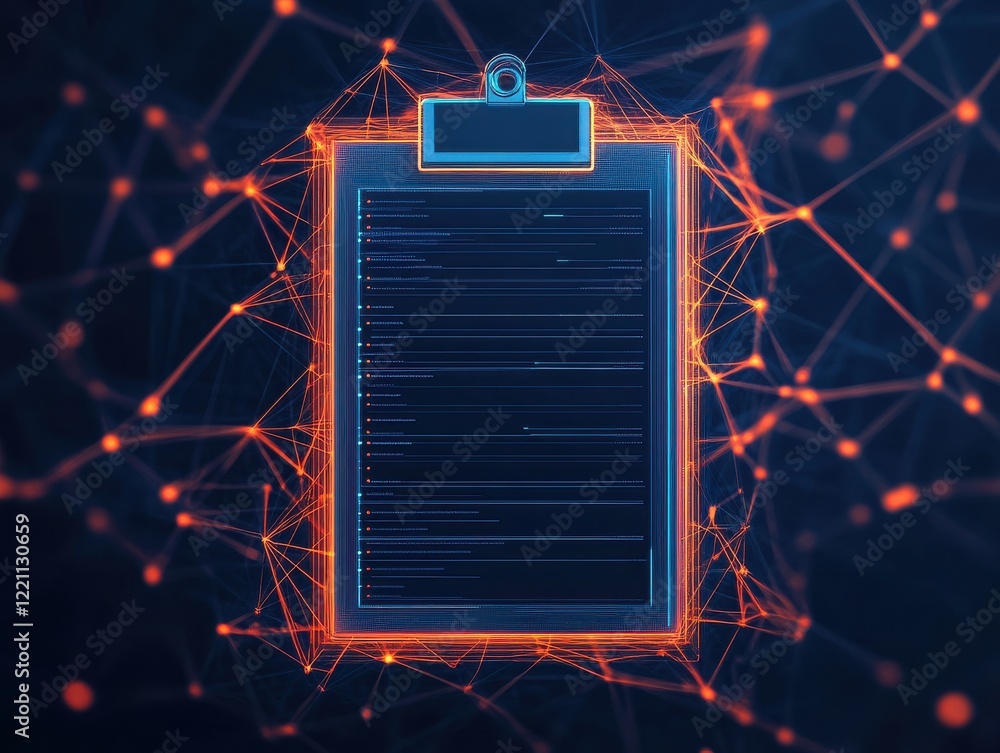 Poster a digital clipboard surrounded by glowing network connections, symbolizing data management and conne
