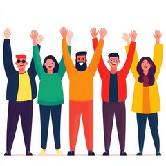 Fototapeta premium A diverse group of cheerful individuals celebrating together with raised hands, showcasing joy and unity in a vibrant illustration.