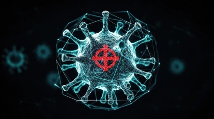 Health warning: Danger and advice. Abstract visualization of a virus with a glowing structure.