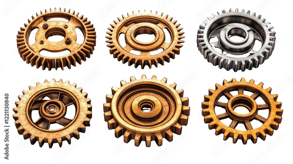 Aufkleber mechanized harmony: a collection of intricately designed gears, each bearing a unique metallic textu
