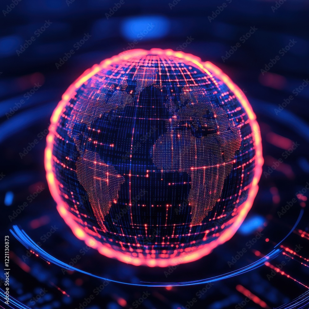 Poster a futuristic visual of a globe connected with glowing lines, representing global connectivity and te
