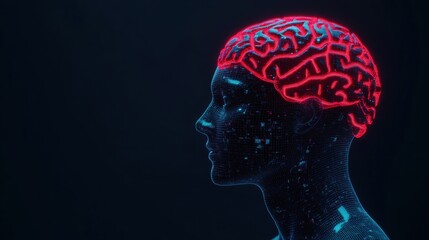 Obraz premium A futuristic representation of a human silhouette with a glowing brain, symbolizing mental processes and technology.