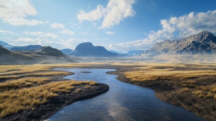 A river runs through a dry, barren landscape
