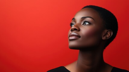 Thoughtful Black woman looking upward against red background