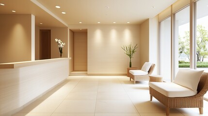 Luxury hotel interiors with exclusive lighting. Modern, airy reception area with comfortable seating and natural light.