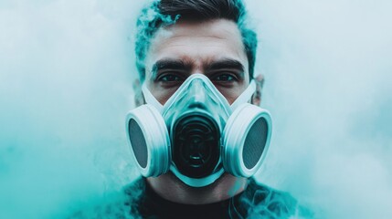 Health warning: Danger and advice. Man wearing a gas mask in a smoke-filled environment.