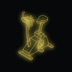 Neon stationary bike glowing yellow on a black background, representing fitness, health, and exercise