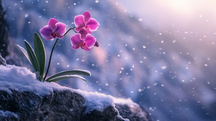 Obraz premium A pink orchid blooming between the rocks on a cliff in winter. Lush flower in heavy snow background.