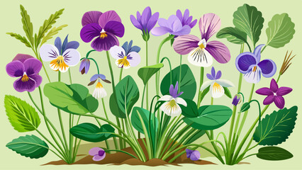 Growing wild common violet plant wood violet viola odorata dog wild violet viola hirta viola sororia sweet violet Konigin Charlotte flower Closeup 