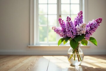 Sunlight illuminates a vase of vibrant lilac blossoms on a light wood floor near a window