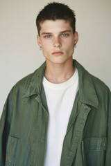 Obraz premium A captivating portrait of a stylish young male exuding confidence and charm, embodying modern fashion trends while engaging viewers with an intense, expressive gaze.