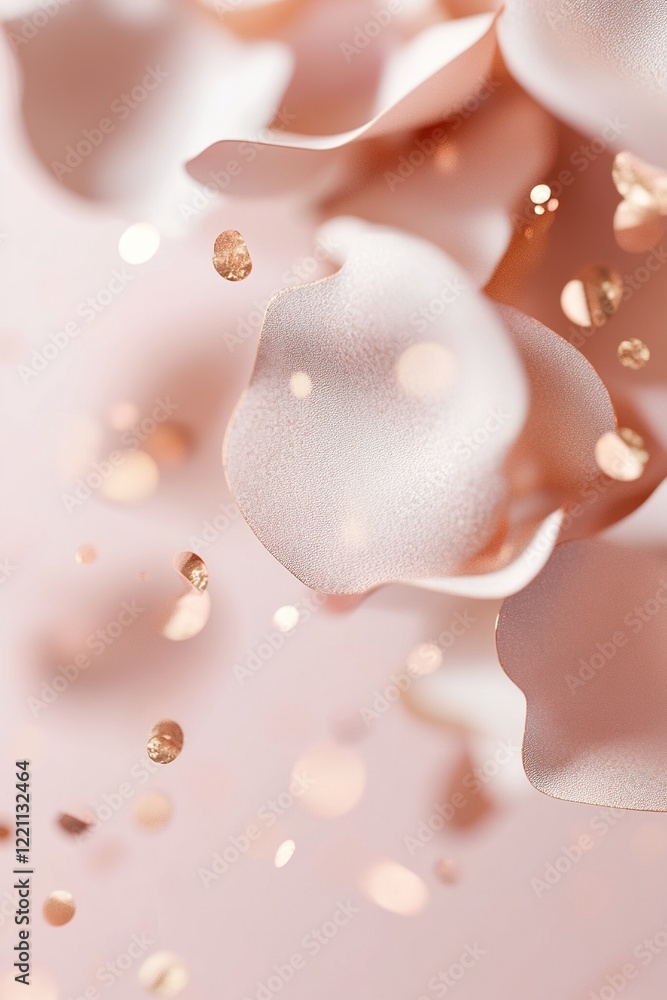 Aufkleber floating rose gold petals create an artistic composition, softly illuminated with glowing particles,