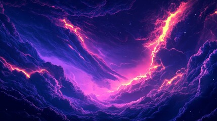 A purple and orange sky with clouds and a fire in the sky