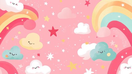 Happy Clouds Rainbows and Stars on Pink