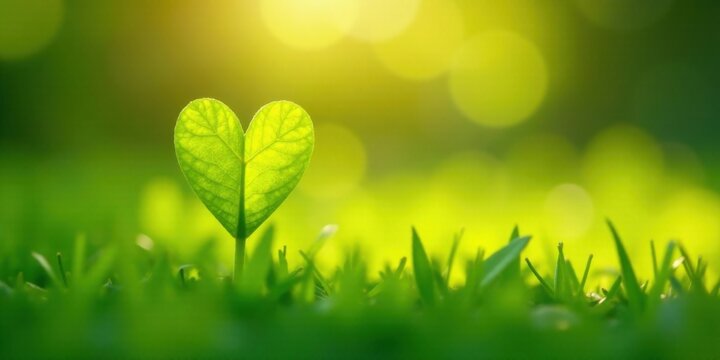 Heart-shaped leaf seedling emerging from vibrant green grass bathed in sunlight, symbolizing new life and growth