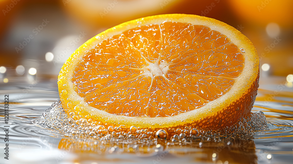 Poster slice of orange is floating in a pool of water. the orange is cut in half and the inside is visible