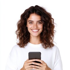 Woman holding cell phone in hands close-up portrait with focused expression technology and communication concept