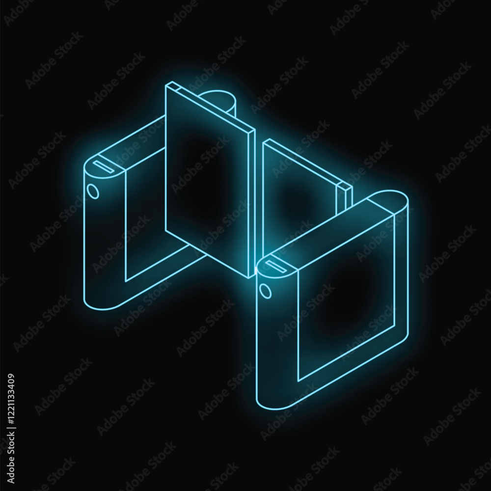 Poster futuristic turnstile gate access control system with glowing neon effect on dark background