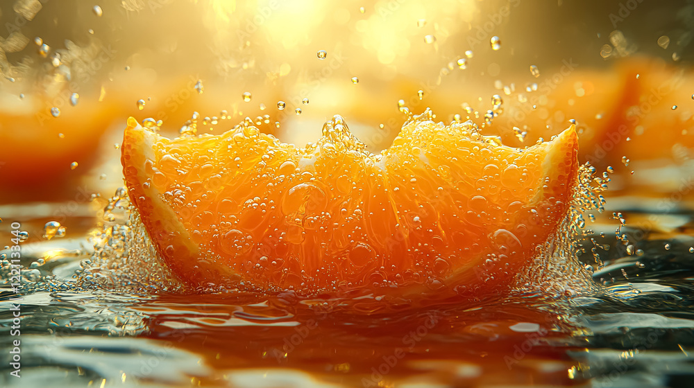 Poster slice of orange is in a pool of water. the orange is partially submerged in the water, and the water