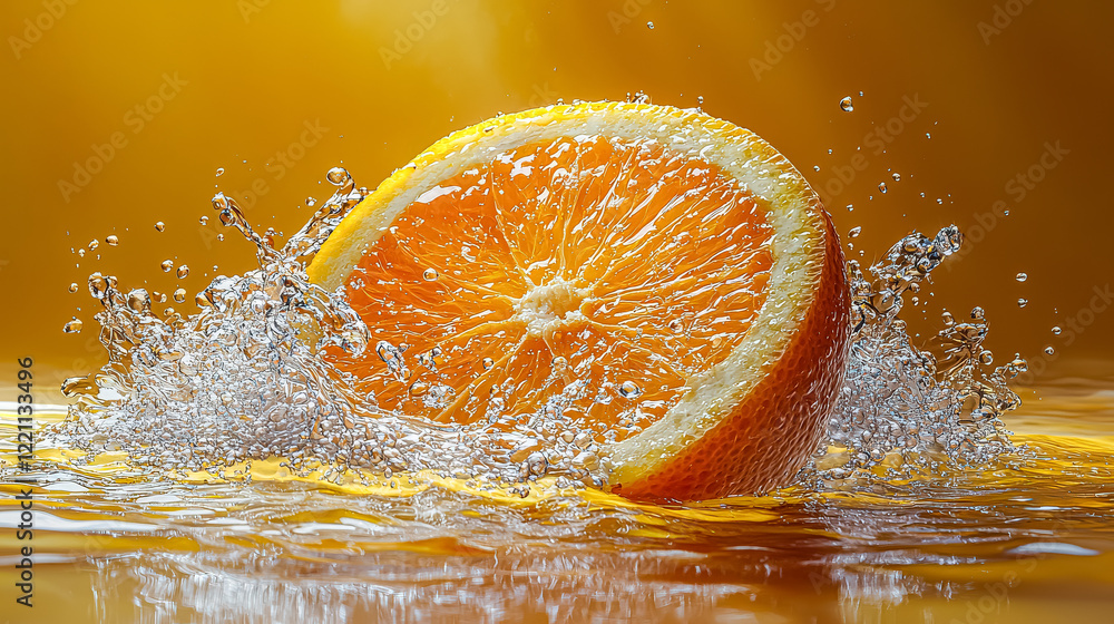 Poster slice of orange is floating in a pool of water. the orange is cut in half and the inside is visible