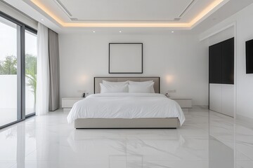 Luxury hotel interiors with exclusive lighting. Modern bedroom interior with white decor and large windows.