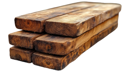Wood Plank Stack: A weathered stack of rough-hewn wooden planks, displaying natural grain patterns and textures. This image is perfect for projects that need a touch of rustic appeal.