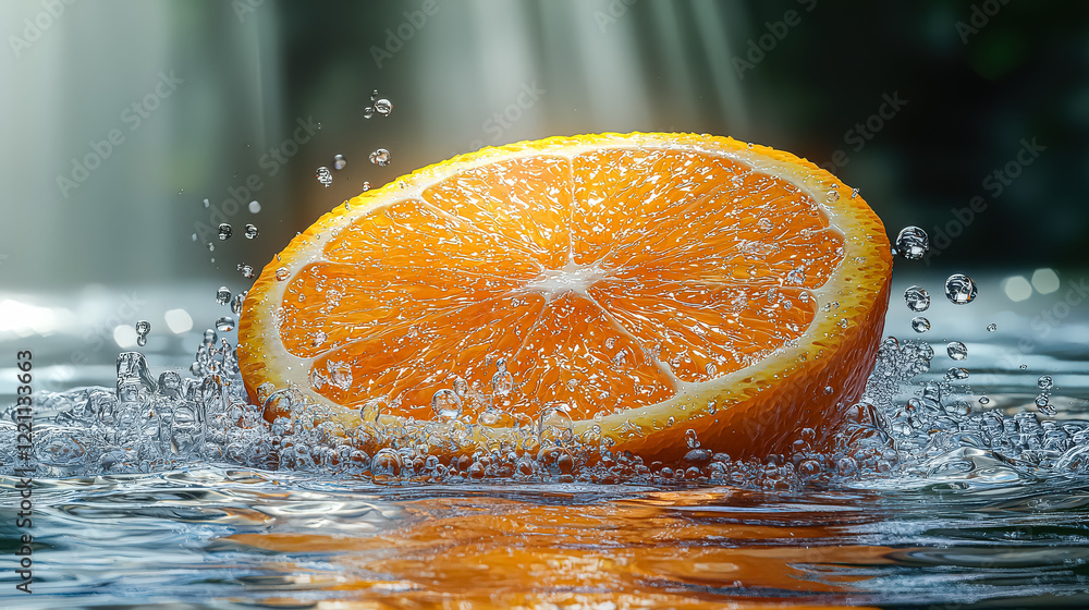 Poster slice of orange is floating in a pool of water. the orange is surrounded by water droplets, creating