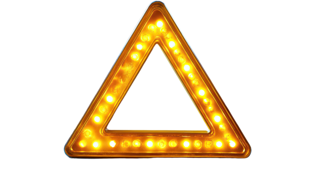 Illuminated Hazard Triangle: A close-up shot of an illuminated hazard warning triangle, radiating a vibrant yellow glow. The triangle symbolizes caution, safety.
