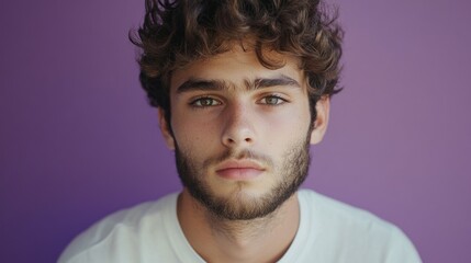 Fototapeta premium Young Man with Curly Hair Poses Against Purple Background