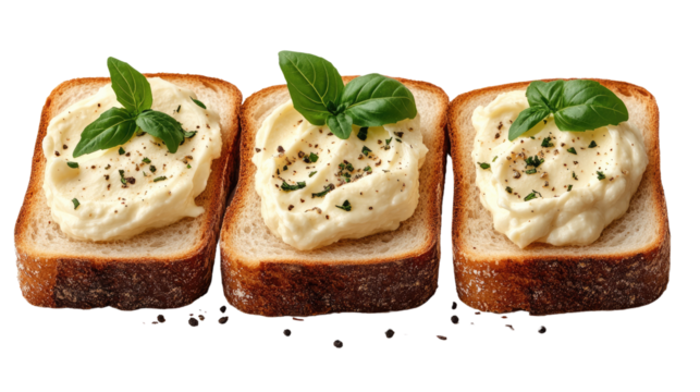 Artisanal Bites: Three toasted bread slices are lavishly topped with a creamy, savory spread and delicate basil sprigs. These culinary creations evoke flavors and textures with fresh herbs.