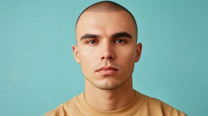 Young Man with Short Hair Against a Teal Background