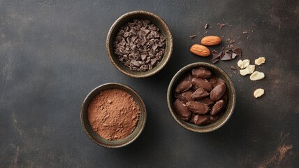 Assorted chocolate ingredients and almonds in bowls