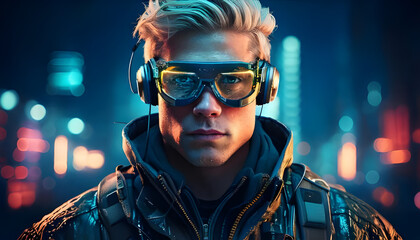 a fictional person not based on a real person portrait of a sci fi cyberpunk man high tech futuristic man from the future the concept of virtual reality and cyberpunk generative ai